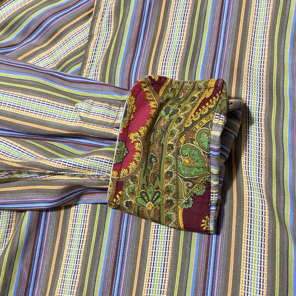 Robert Graham Flip Cuff Shirt Men Large Brown Striped Colorful Button Dress Dad